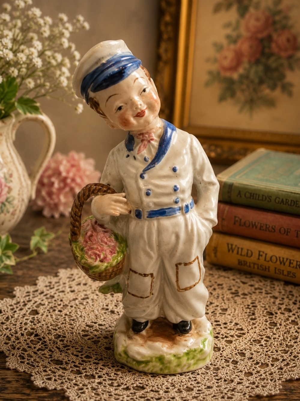 Vintage Occupied Japan Boy Figurine Flower Basket Porcelain 5.25"